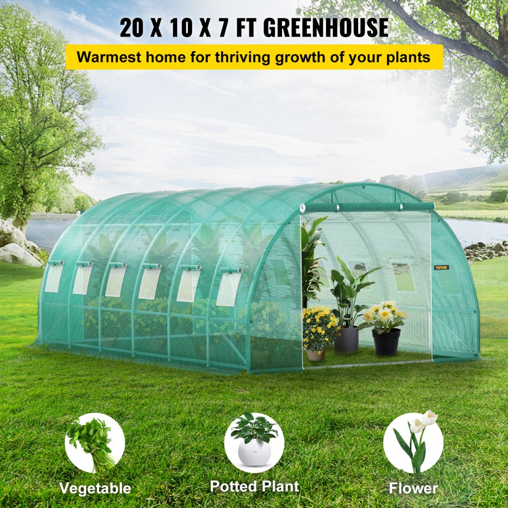 VV-TG-12107GREEN - Sturdy 3-Beam Tunnel Greenhouse for Optimal Plant Growth