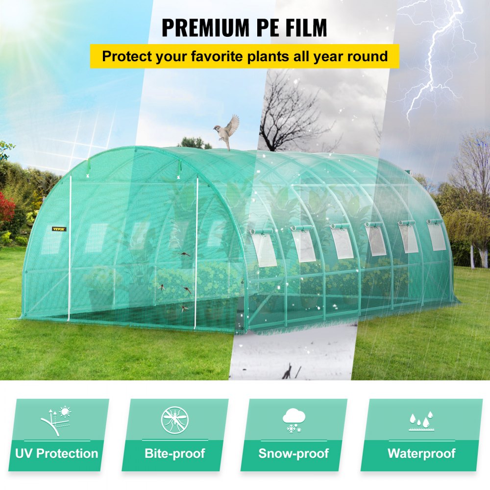 VV-TG-12107GREEN - Sturdy 3-Beam Tunnel Greenhouse for Optimal Plant Growth