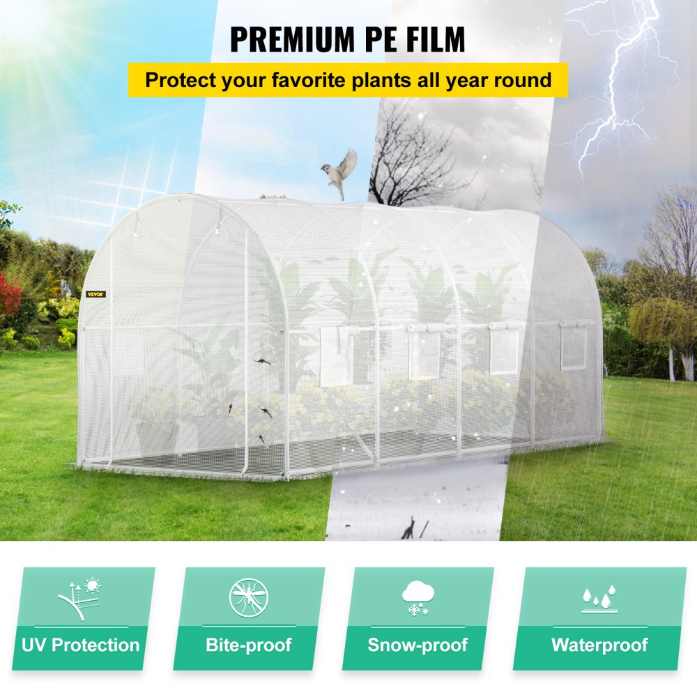 VV-TG-1577WHITE - 15ft Tunnel Greenhouse with PE Cover & Galvanized Frame