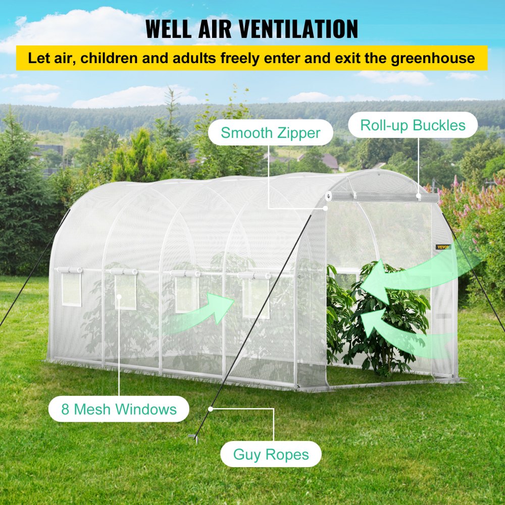 VV-TG-1577WHITE - 15ft Tunnel Greenhouse with PE Cover & Galvanized Frame