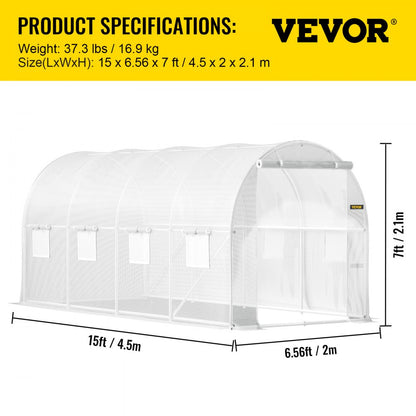 VV-TG-1577WHITE - 15ft Tunnel Greenhouse with PE Cover & Galvanized Frame