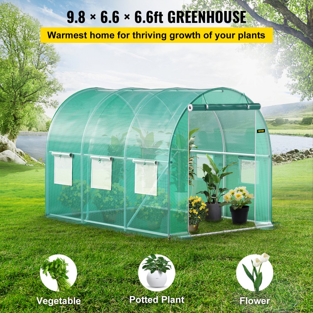 VV-TG-1077GREEN - 9.8x6.6ft Walk-In Greenhouse with Zipped Door and Mesh Windows