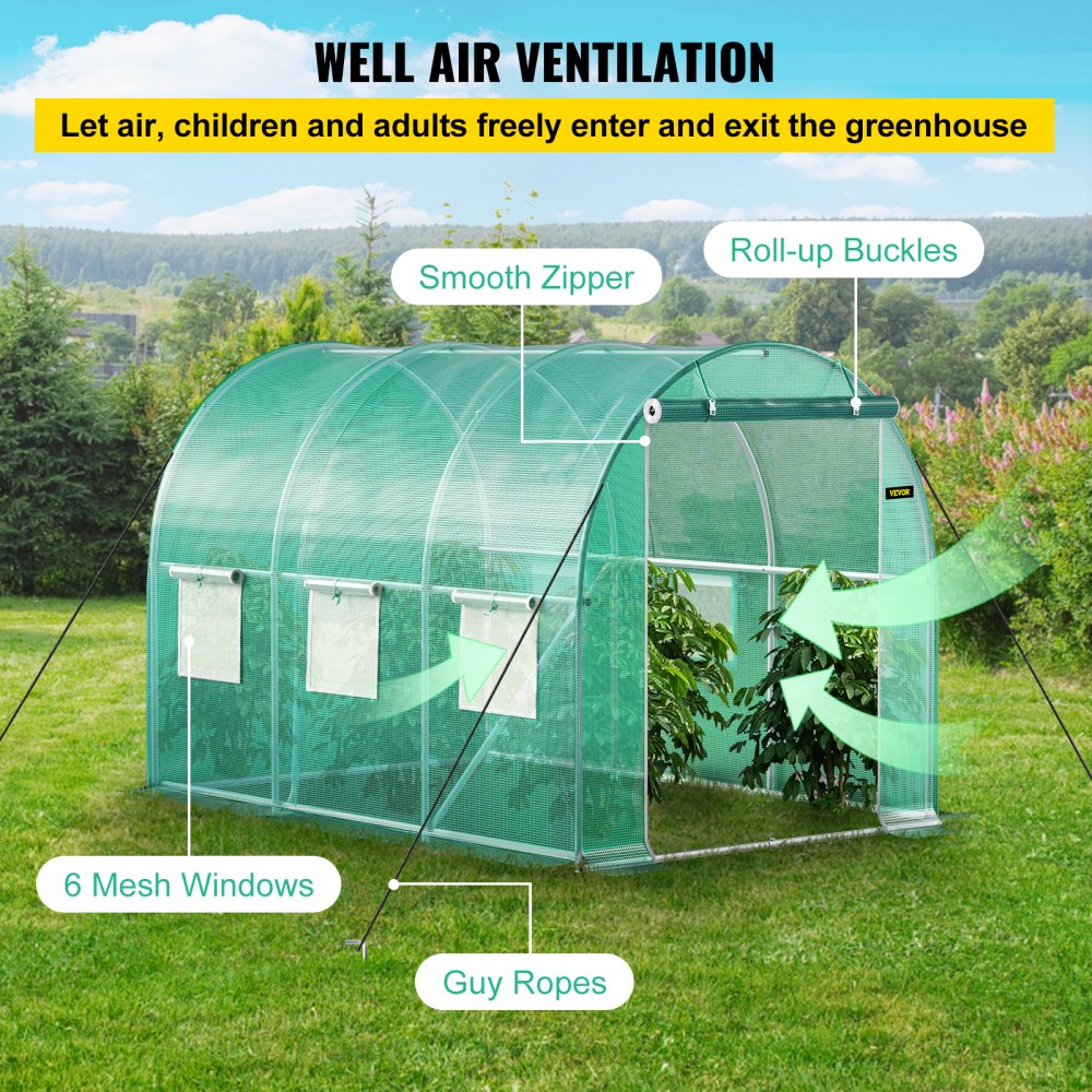 VV-TG-1077GREEN - 9.8x6.6ft Walk-In Greenhouse with Zipped Door and Mesh Windows