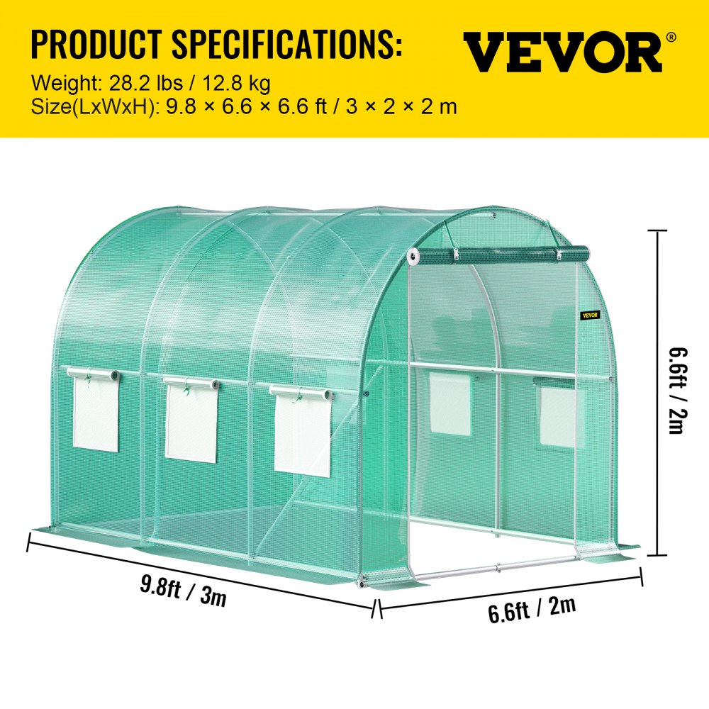 VV-TG-1077GREEN - 9.8x6.6ft Walk-In Greenhouse with Zipped Door and Mesh Windows