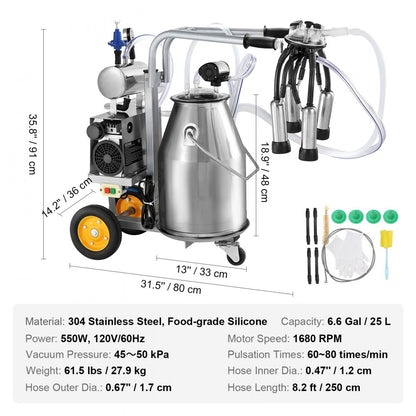 9JYZ-1 - 6.6-Gallon Stainless Steel Electric Cow Milking Machine