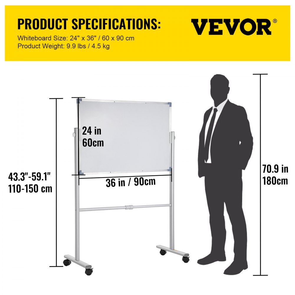 YDMB36X24 - Adjustable Mobile Whiteboard 24" x 36" with Magnetic Surface