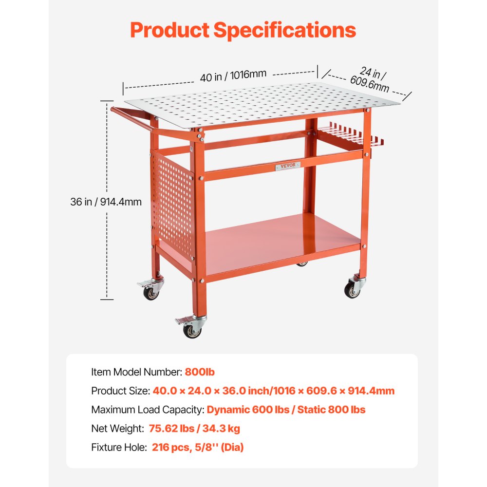 800lb - 40" x 24" Movable Welding Table with 216 Holes