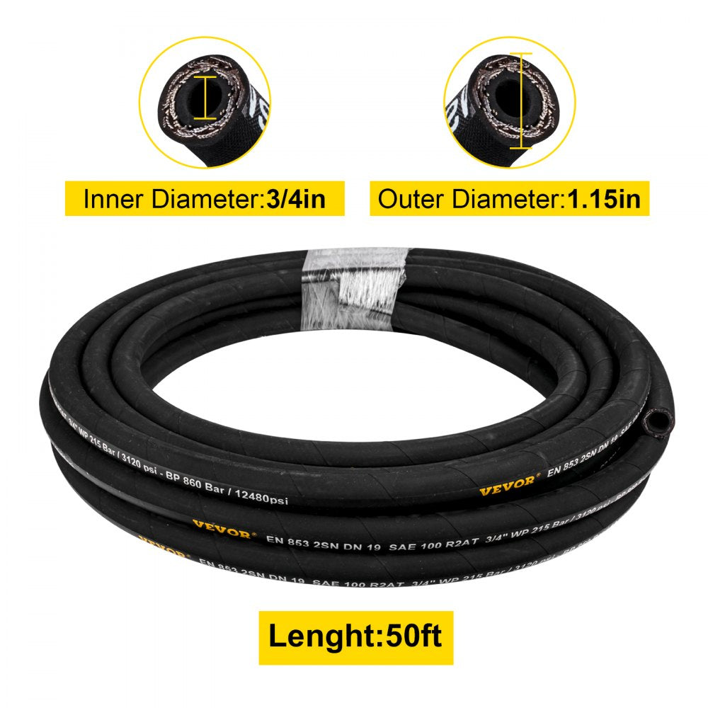 010634308375 - 3/4" x 50 ft Durable Synthetic Rubber Hydraulic Hose