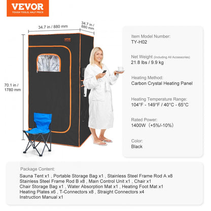 TY-H02 - VEVOR 1400W Infrared Sauna Tent for Stress Relief and Detox