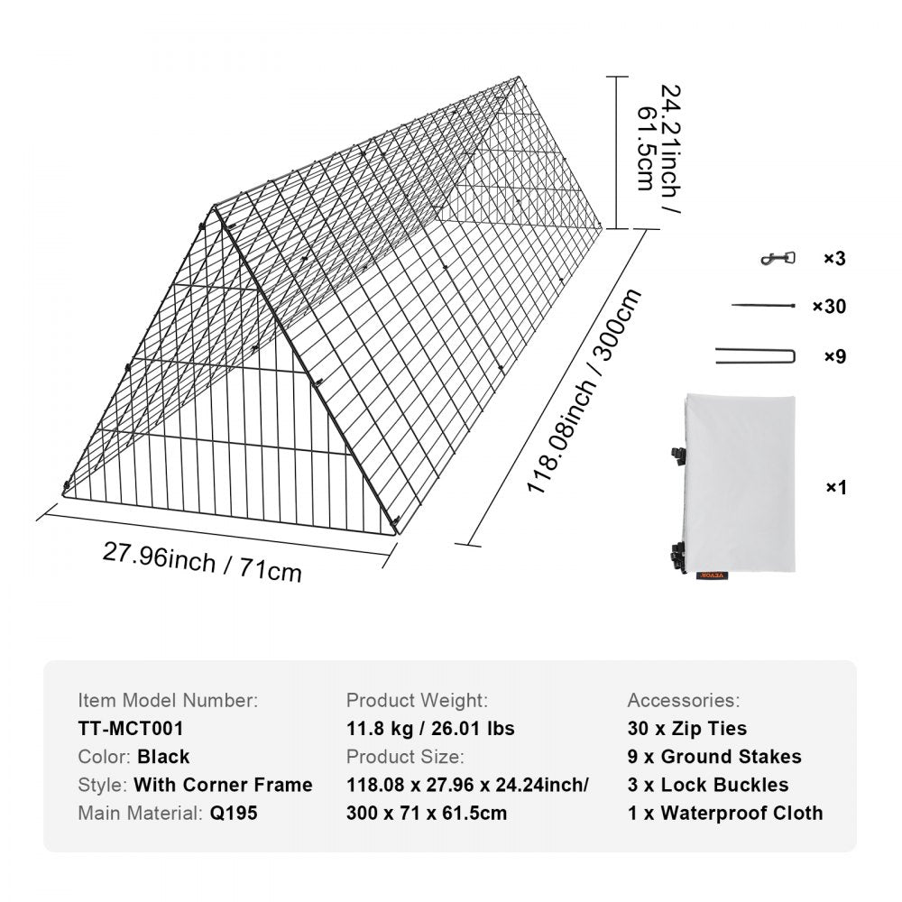 TT-MCT001 - Spacious Chicken Tunnels 300x71cm, Safe Outdoor Roaming for Poultry