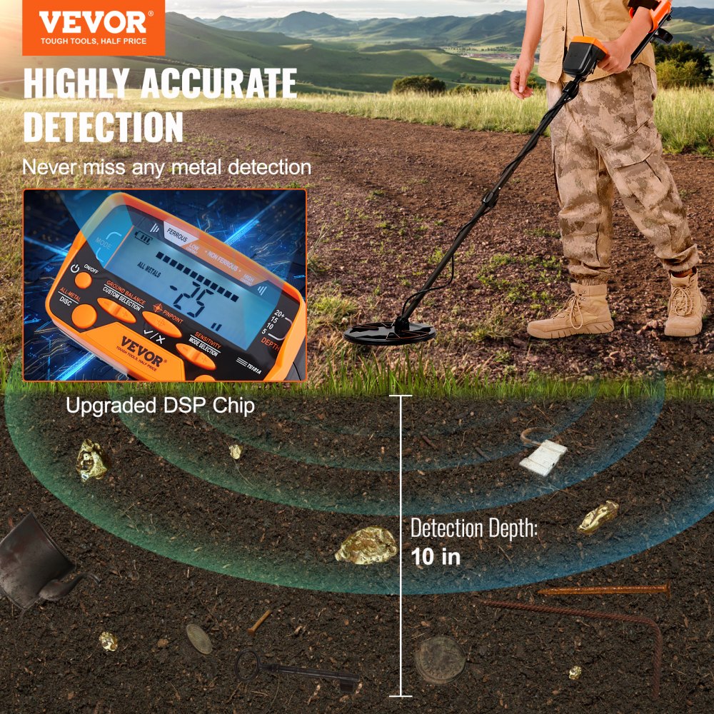 TS181A - 10" Waterproof Metal Detector with LCD, 7 Modes, Adjustable Stem
