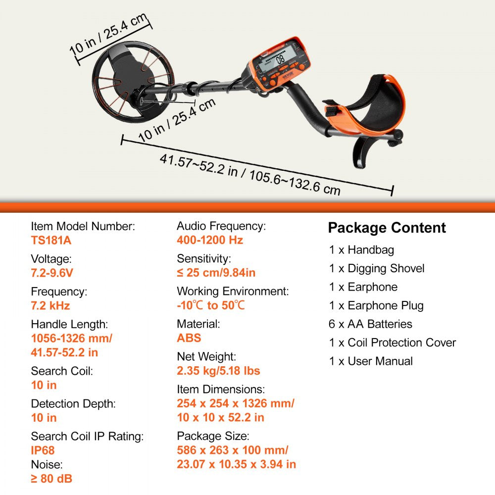 TS181A - 10" Waterproof Metal Detector with LCD, 7 Modes, Adjustable Stem