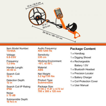 TS185A - Waterproof 12" Metal Detector with Adjustable Handle and LCD Screen