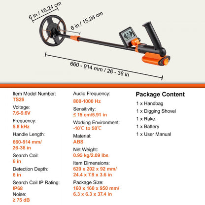 TS26 - 26''-36'' Adjustable Kids' Metal Detector with 6'' Waterproof Coil