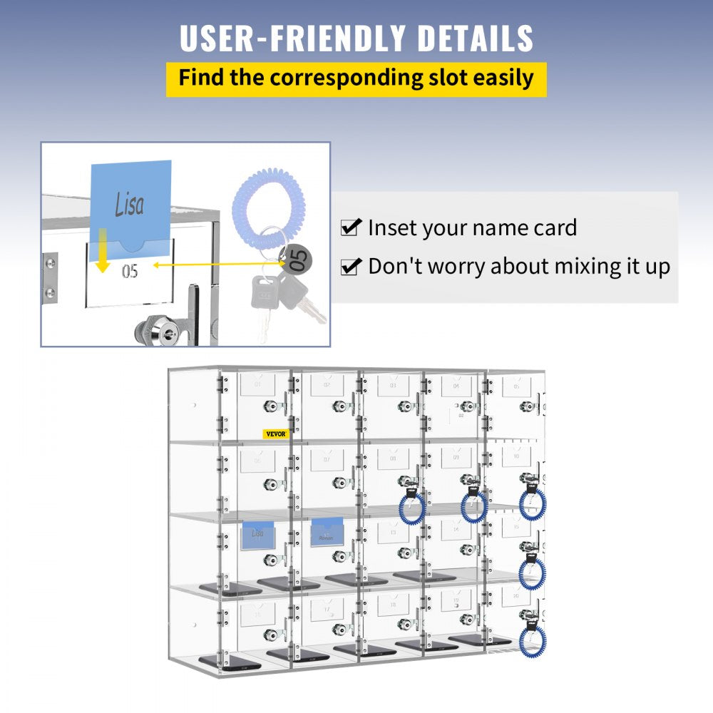 SJG-YKL-20M - Durable Acrylic 20-Slot Cell Phone Locker with Unique Keys