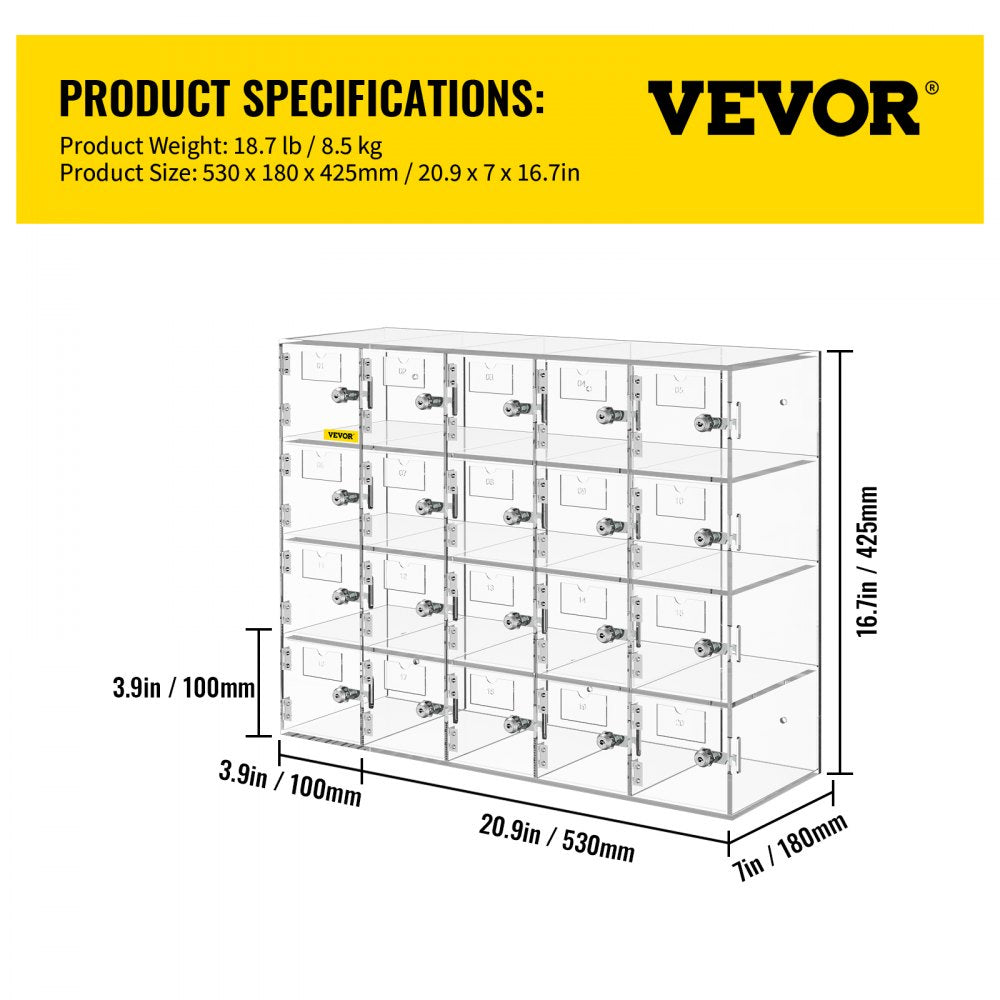 SJG-YKL-20M - Durable Acrylic 20-Slot Cell Phone Locker with Unique Keys