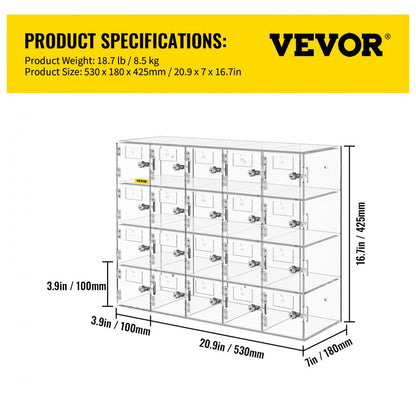 SJG-YKL-20M - Durable Acrylic 20-Slot Cell Phone Locker with Unique Keys