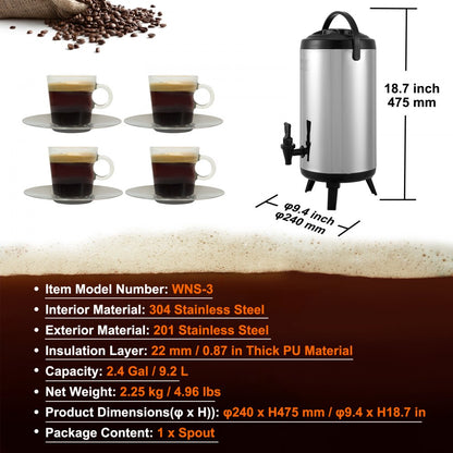 WNS-3 - 2.4-Gallon Stainless Steel Insulated Beverage Dispenser with Spigot