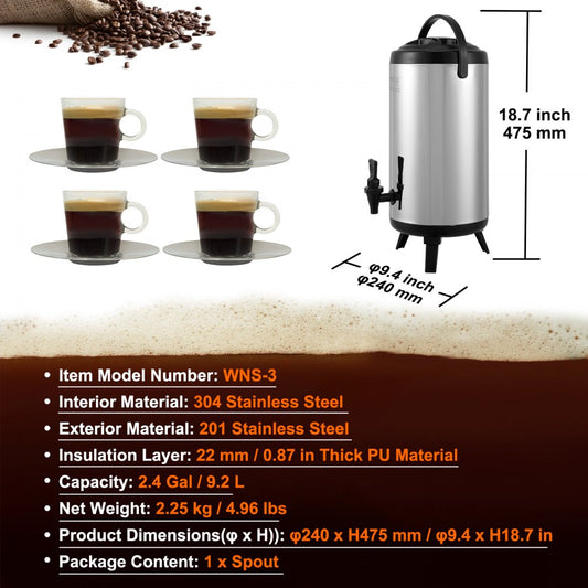 WNS-3 - 2.4-Gallon Stainless Steel Insulated Beverage Dispenser with Spigot
