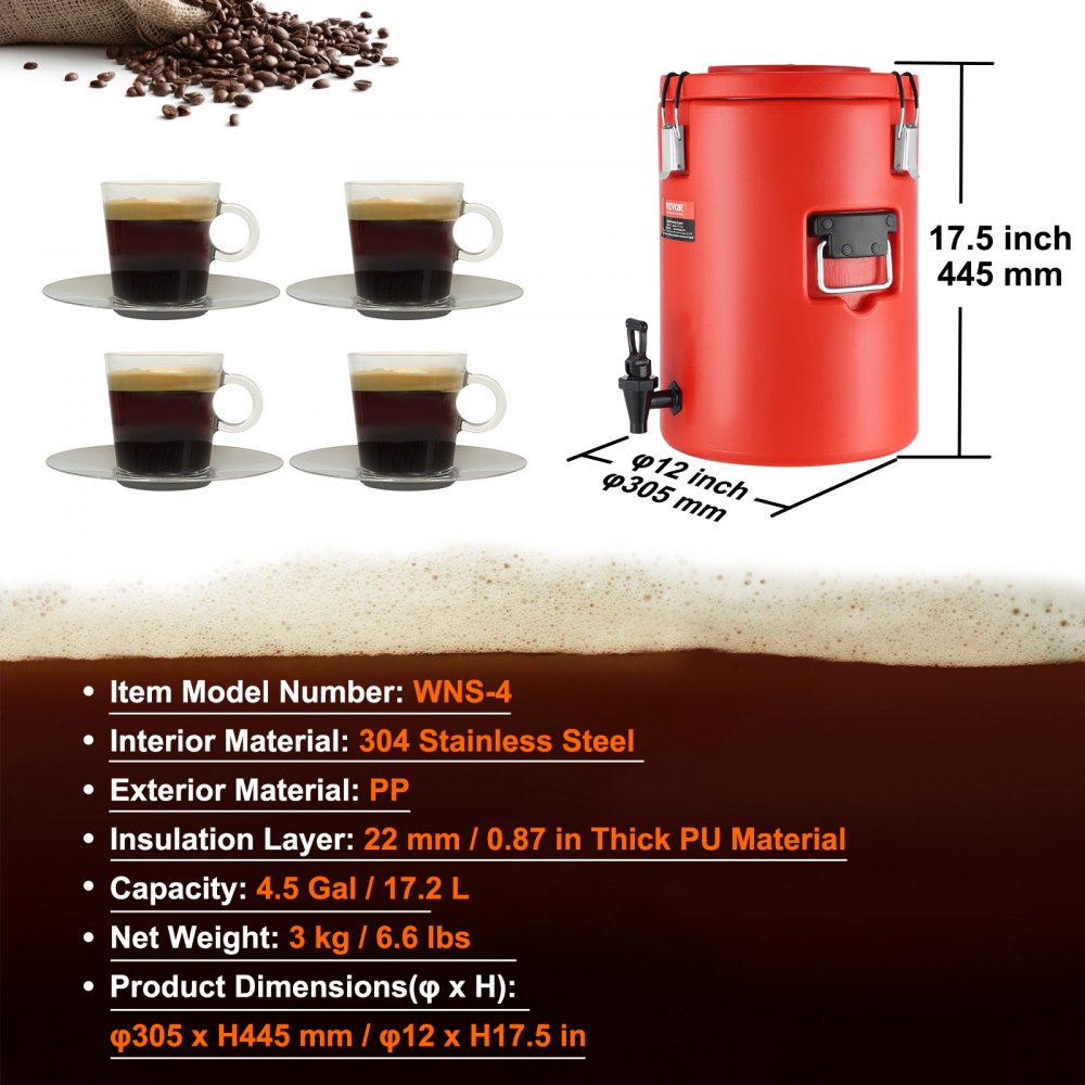 WNS-4 - 4.5 Gallon Stainless Steel Thermal Beverage Dispenser, Leak-Proof Design