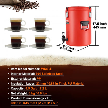 WNS-4 - 4.5 Gallon Stainless Steel Thermal Beverage Dispenser, Leak-Proof Design