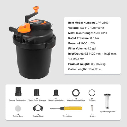CPF-2500 - 1600 Gallon Bio Pressure Pond Filter with 13W UV-C Light