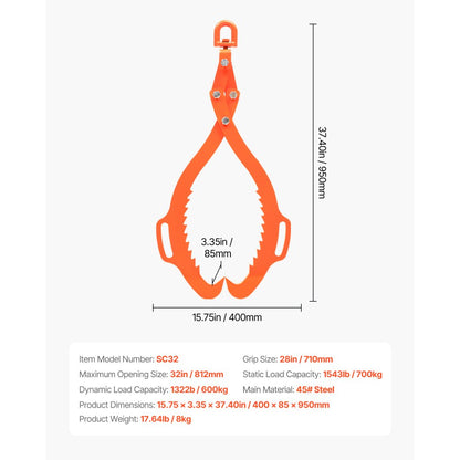 SC32 - 32in Eagle-Claw Log Lifting Tongs, 1543lbs Capacity
