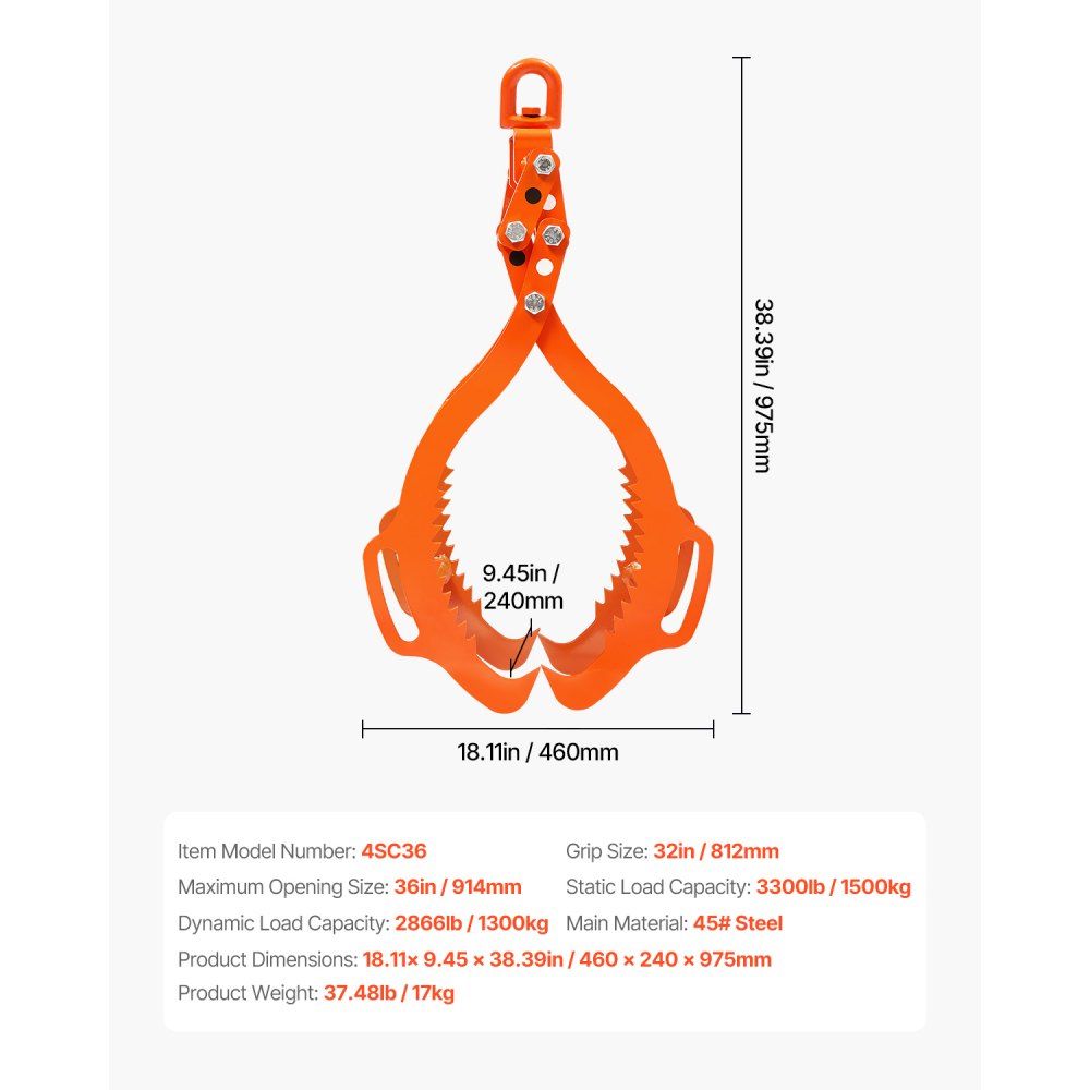 4SC36 - 36in Eagle-Claw Log Lifting Tongs, 3300 lbs Capacity