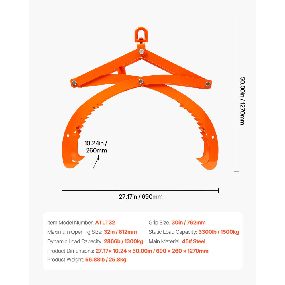 ATLT32 - 32in Eagle-Claw Log Lifting Tongs, 3300 lbs Capacity