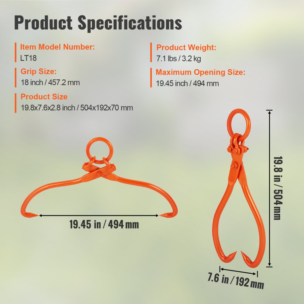 LT18 - Heavy-Duty Log Skidding Tongs, 19.45" Opening, 772 lbs Capacity