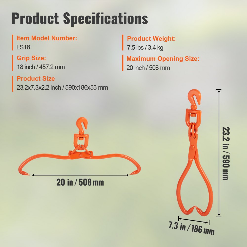 LS18 - Heavy-Duty 18" Steel Log Skidding Tongs, 772 lbs Capacity