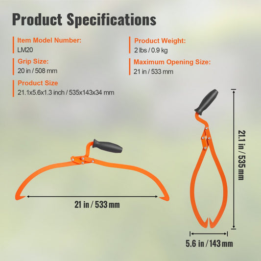 LM20 - 20" Steel Log Tongs for Easy Handling & Transport