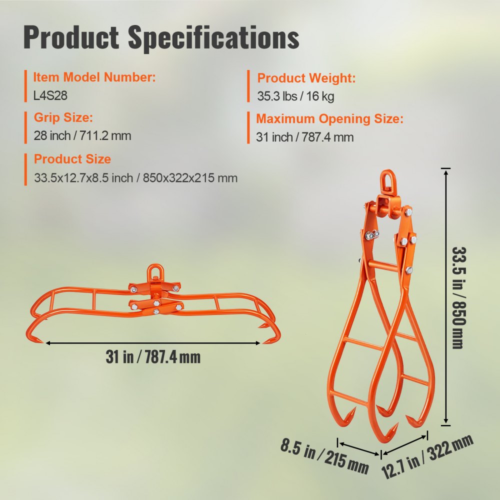 L4S28 - 28" Timber Claw Hook for Heavy Log Lifting (31" Opening)