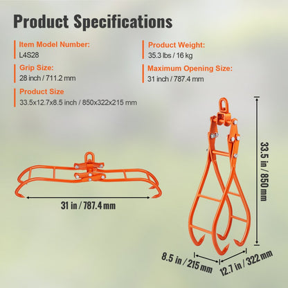 L4S28 - 28" Timber Claw Hook for Heavy Log Lifting (31" Opening)