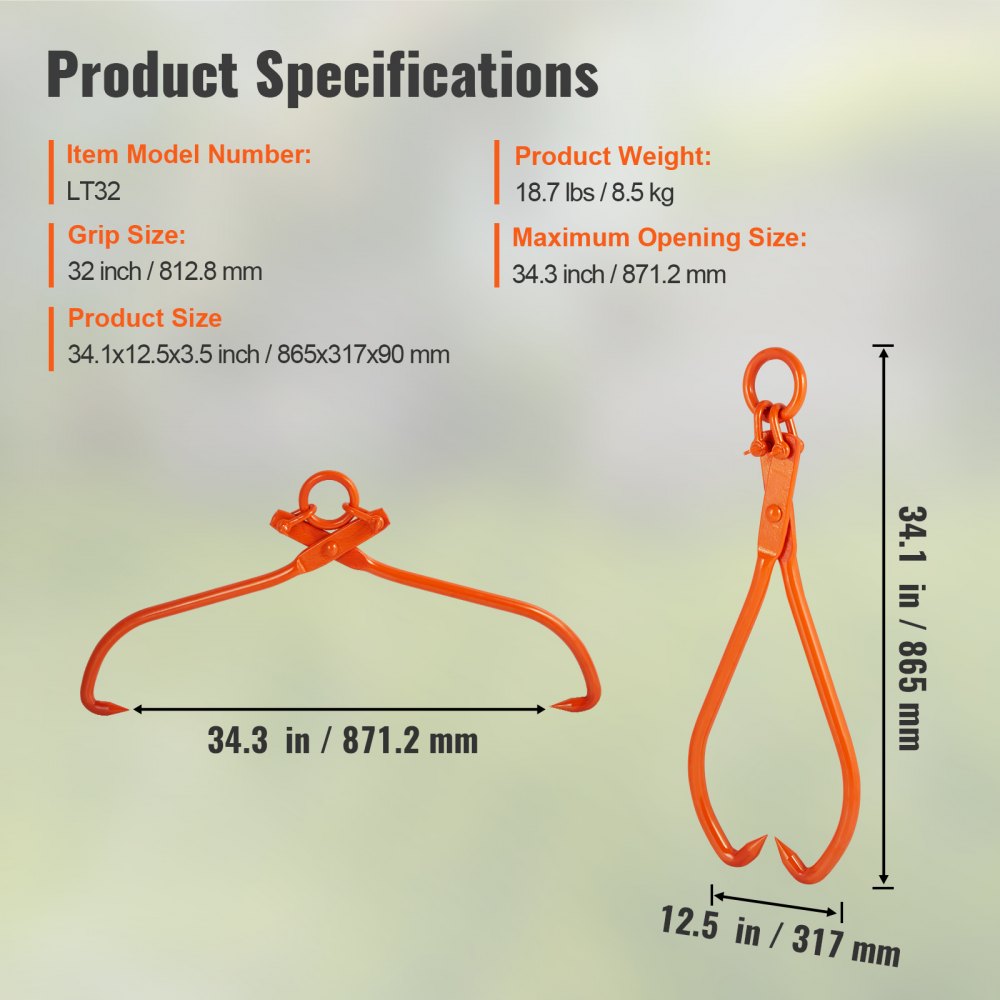 LT32 - 34.3" VEVOR Log Skidding Tongs for Heavy Lifting