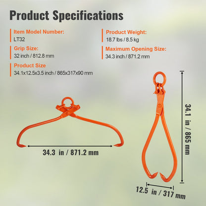LT32 - 34.3" VEVOR Log Skidding Tongs for Heavy Lifting