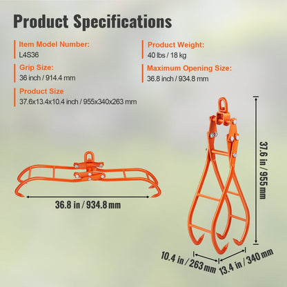 L4S36 - 36-inch Timber Claw Hook with Eagle Claw Design for Secure Wood Handling
