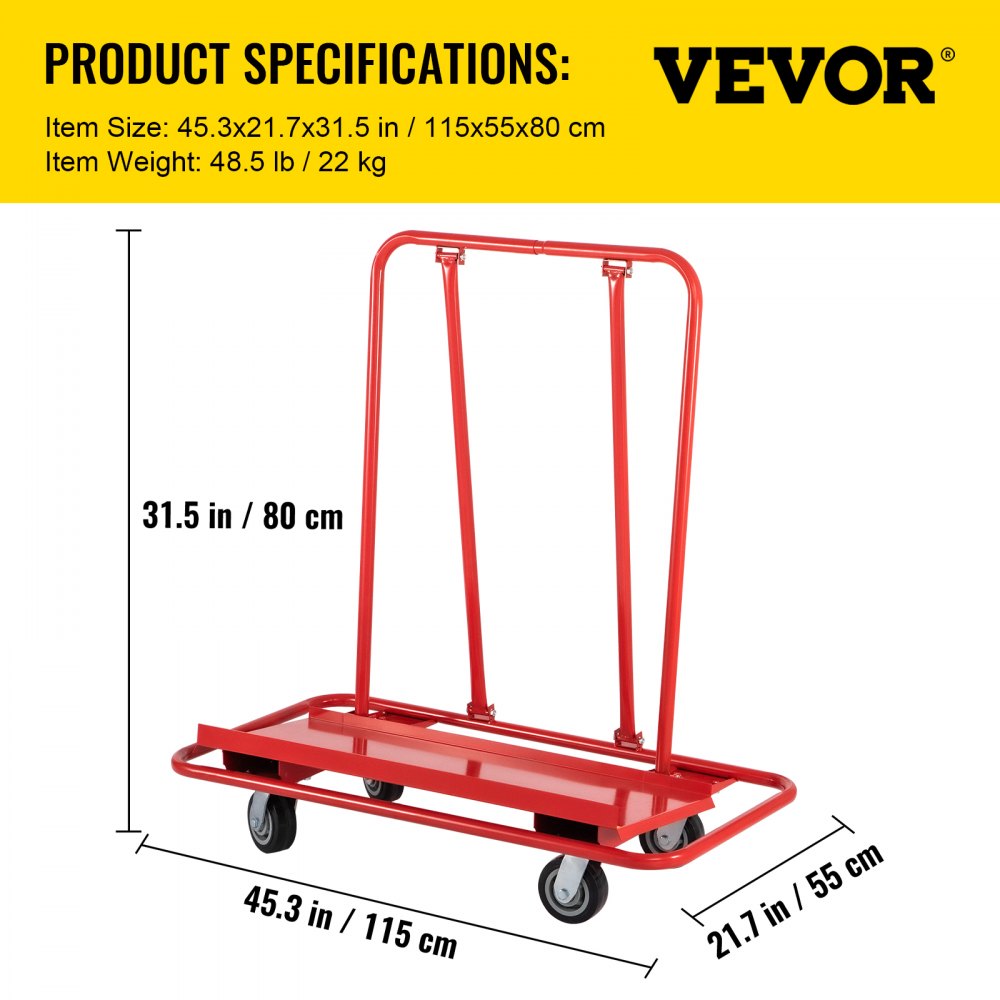 QJ-1001 - Heavy-Duty Drywall Cart with 2200 lb Capacity & 45"x22" Deck