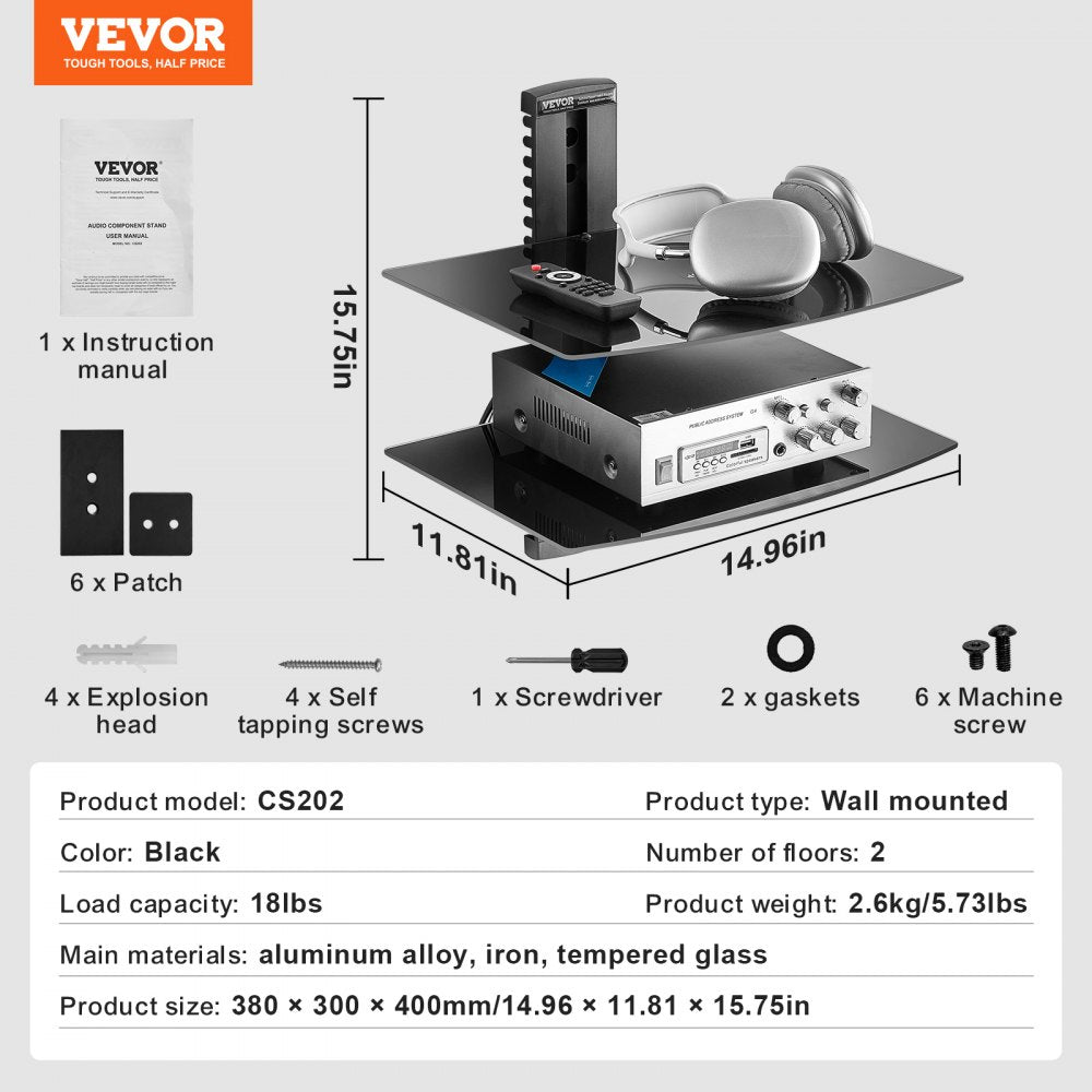 CS202 - Adjustable 2-Tier Glass AV Wall Stand with Cable Management