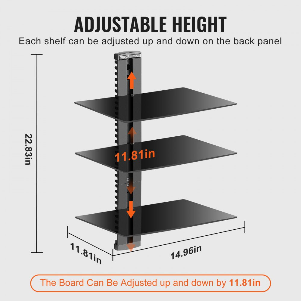 CS203 - Adjustable 3-Tier Wall-Mounted AV Stand with Cable Management