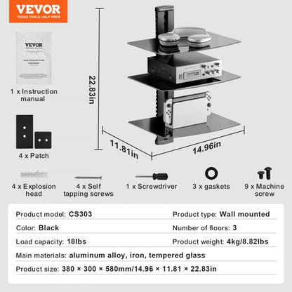 CS203 - Adjustable 3-Tier Wall-Mounted AV Stand with Cable Management