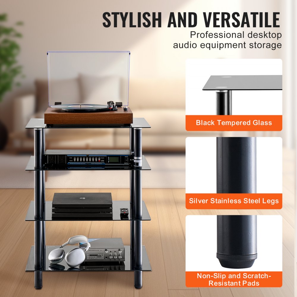 CSF-MS24302 - Adjustable 4-Tier Media Stand with Black Glass Shelves