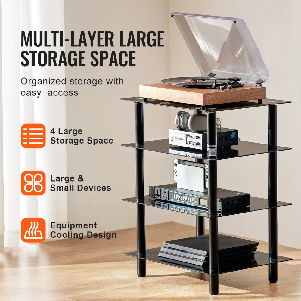 CSF-MS24302 - Adjustable 4-Tier Media Stand with Black Glass Shelves