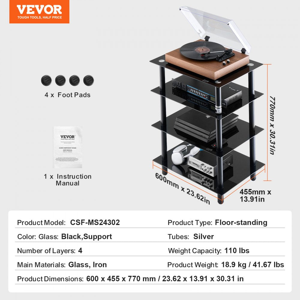 CSF-MS24302 - Adjustable 4-Tier Media Stand with Black Glass Shelves