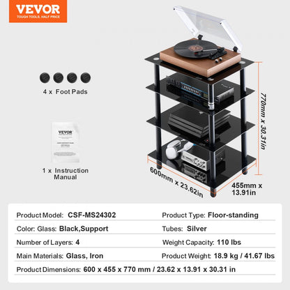 CSF-MS24302 - Adjustable 4-Tier Media Stand with Black Glass Shelves
