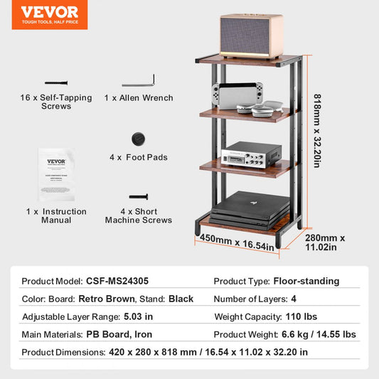 CSF-MS24305 - 4-Tier AV Stand with Adjustable Shelves & Cable Management