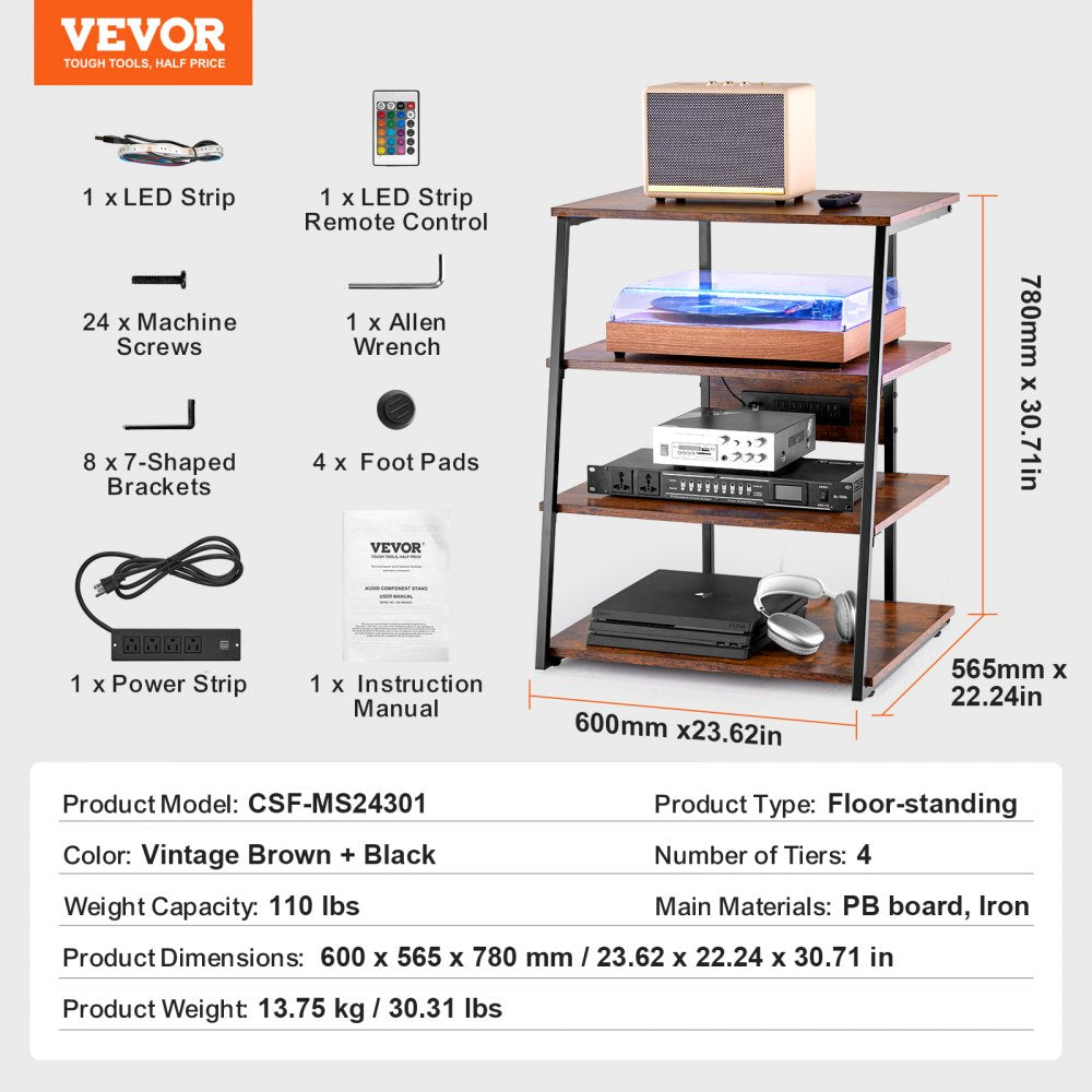 CSF-MS24301 - 4-Tier Vintage AV Media Stand with Cable Management