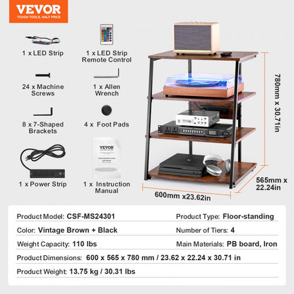 CSF-MS24301 - 4-Tier Vintage AV Media Stand with Cable Management