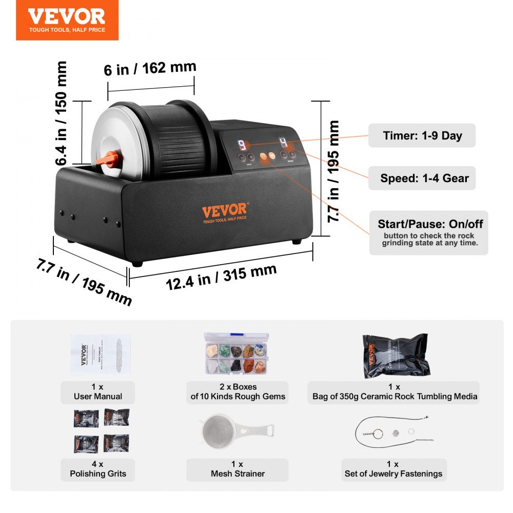 KD-C3021 - VEVOR 3lb Rock Tumbler Kit with Speed Control & Gemstones
