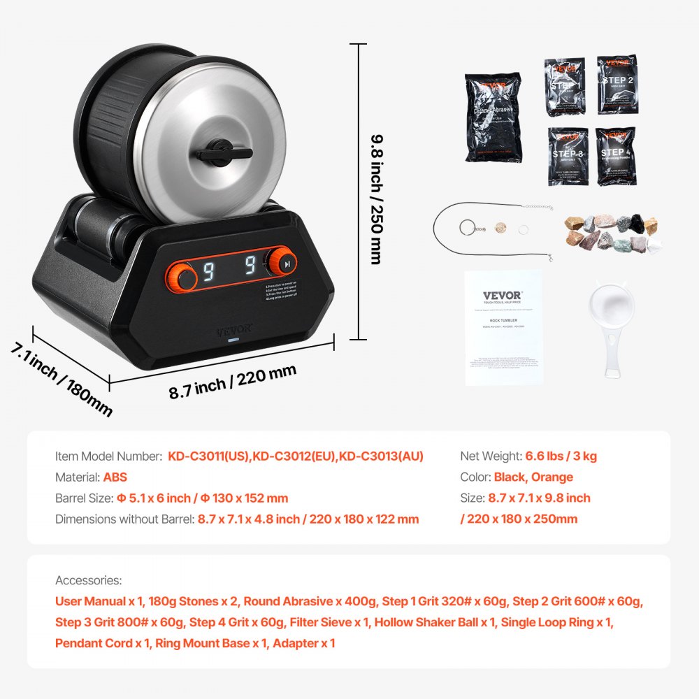 KD-C3011 - Quiet Rock Tumbler Kit with Adjustable Speeds and Jewelry Tools